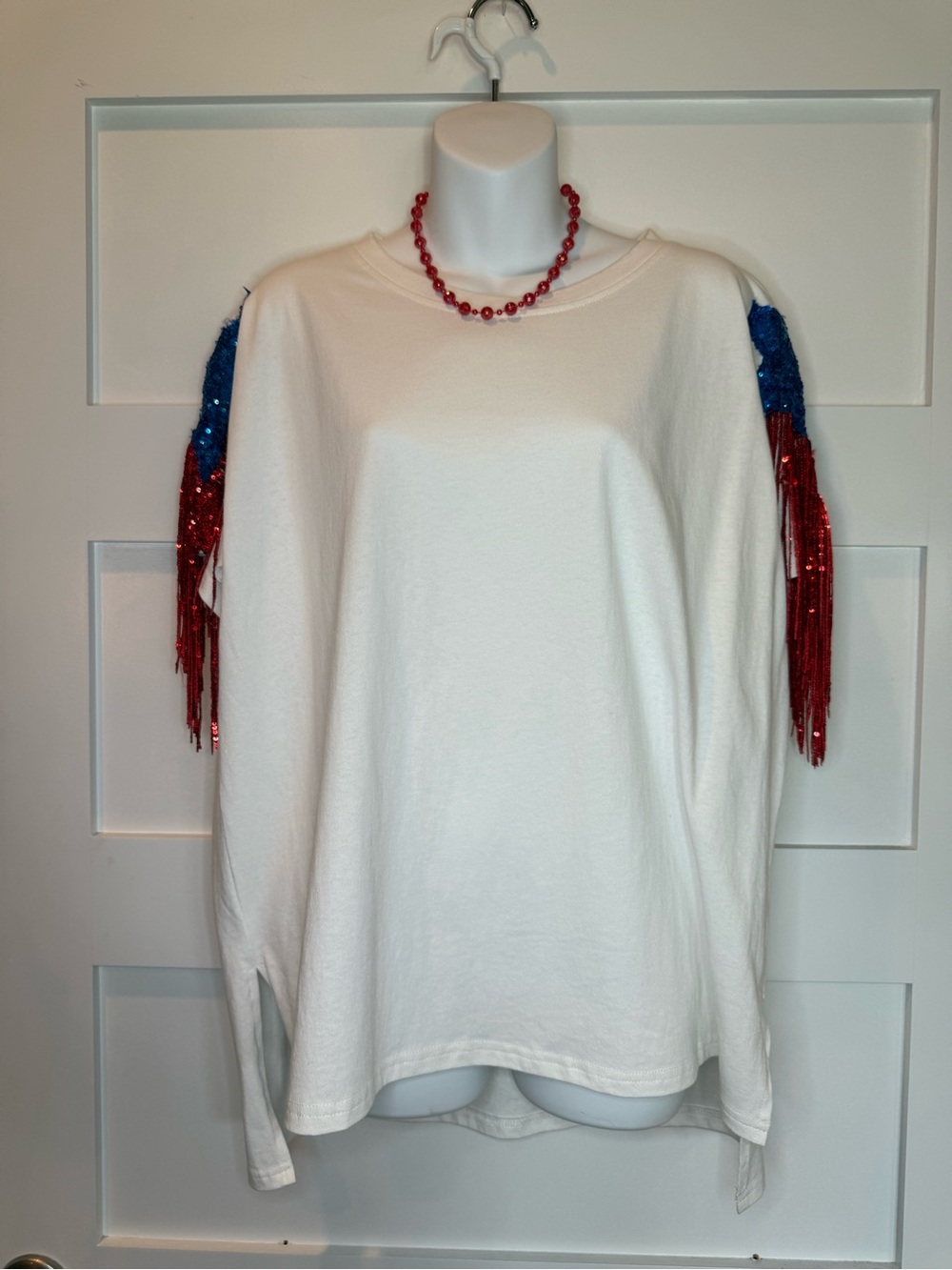 Fantastic Fawn White Top with Red & Blue Sequin Fringe